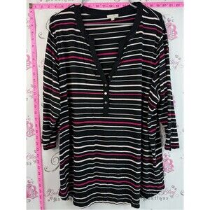 Laura Casual Striped Henley Long Sleeve Top - Black with Pink & White Stripes